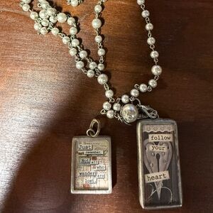 Postcard Voyage Charm Pendant in Vintage White and Green Necklace